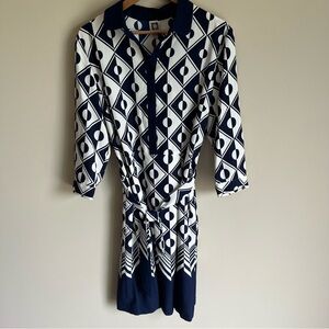 Anne Klein NWT Women's Breton Blue & White Geometric Print Belted Dress Size 16
